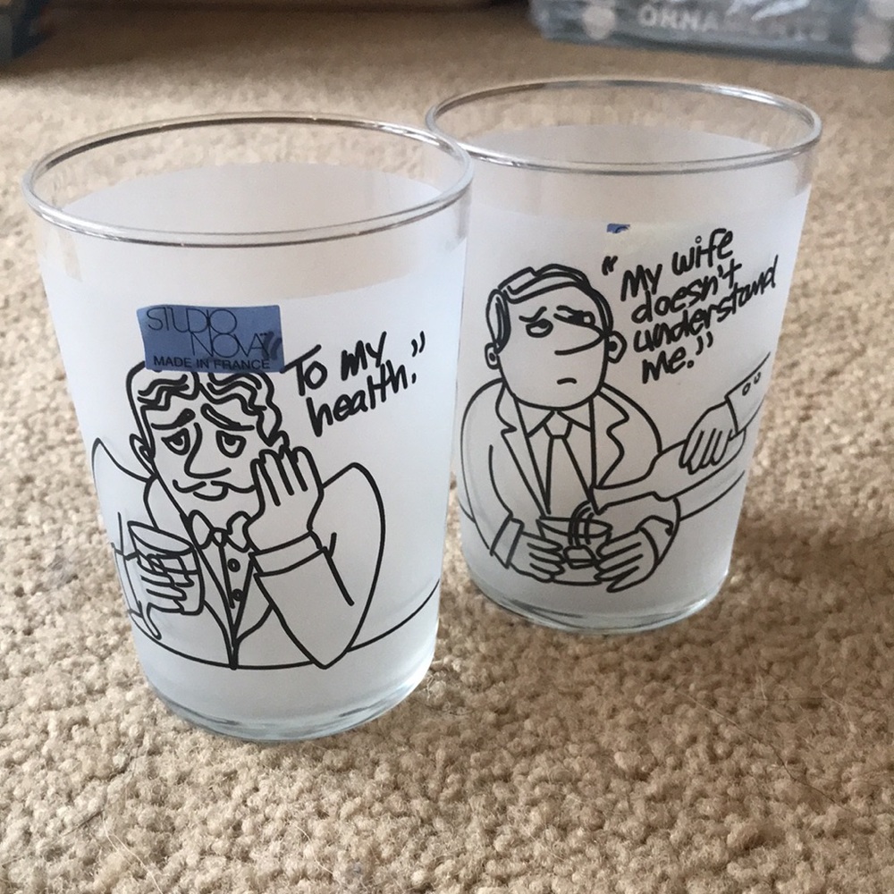 Vintage pair of Studio Nova France Frosted Cocktail Tumbler Cartoon Glasses